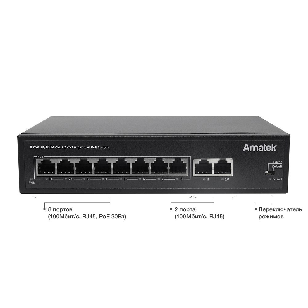 Amatek AN-S10P8A 10-портовый 100 Мбит/с коммутатор с PoE+
