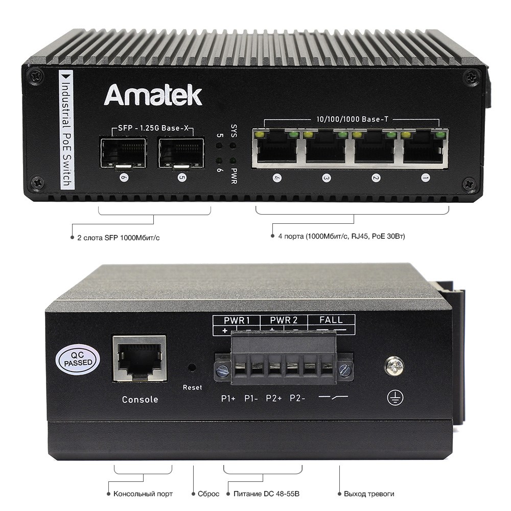 Amatek AN-SXGM6P4A 6-портовый управляемый гигабитный L2 коммутатор с PoE