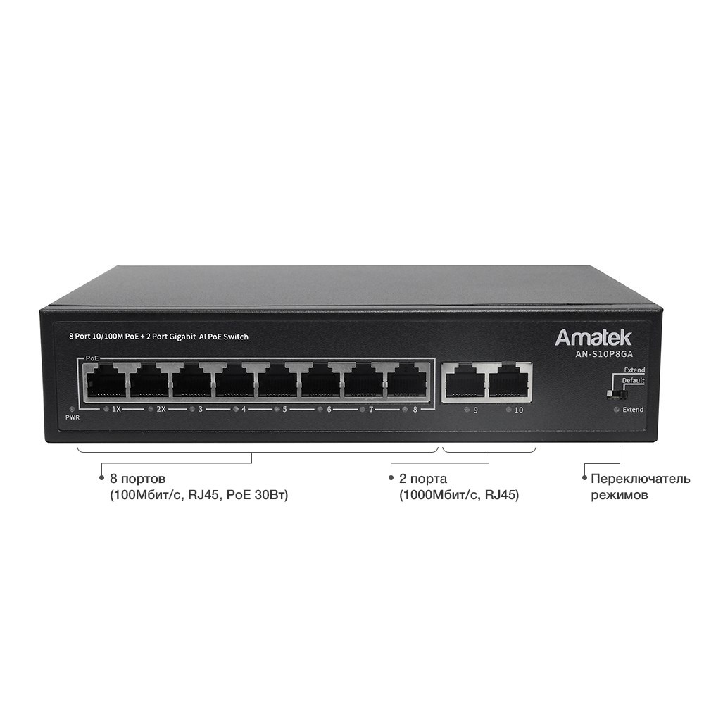 Amatek AN-S10P8GA 10-портовый 100/1000 Мбит/с коммутатор с PoE+