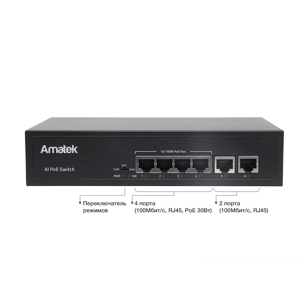 Amatek AN-S6P 6-портовый 100 Мбит/с коммутатор с PoE